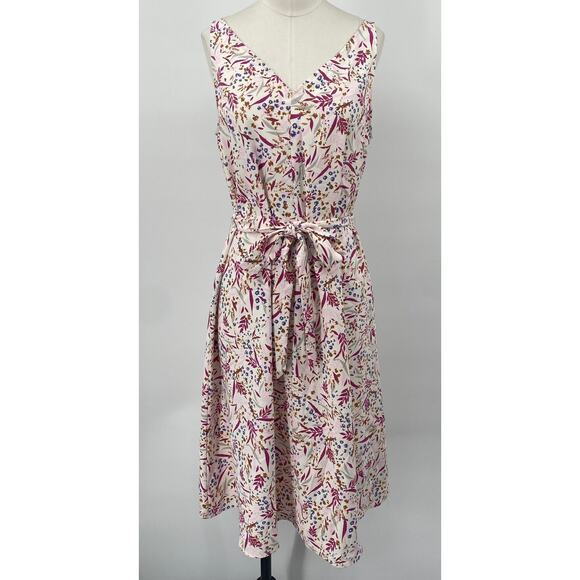Ann Taylor Fit & Flare Floral Print Midi Dress V Neck Tie Waist Belt White NEW M - Picture 2 of 9